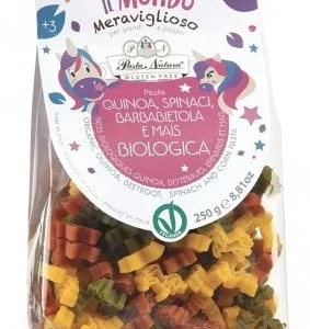 Paste unicorni tricolore cu porumb, sfecla, spanac si quinoa bio 250g Pasta Natura